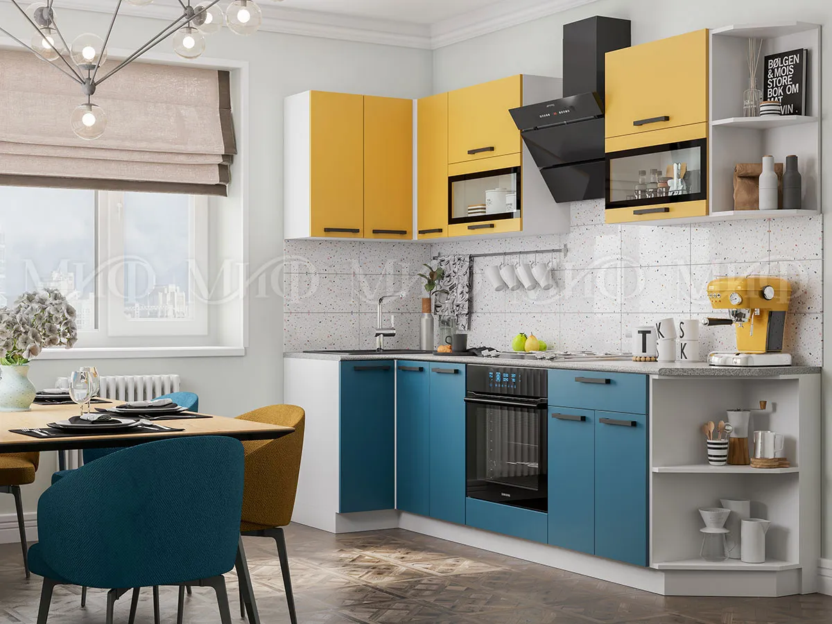 Кухня угловая Техно New 0,9*2,7 Горчица софт/Атлантик софт