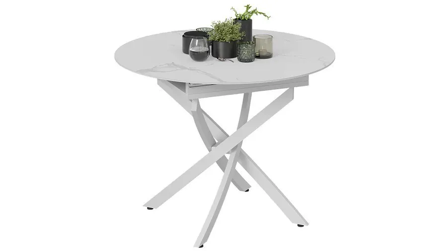 Стол обеденный раздвижной Бергамо Тип 1  Белый муар, Стекло матовое белый мрамор