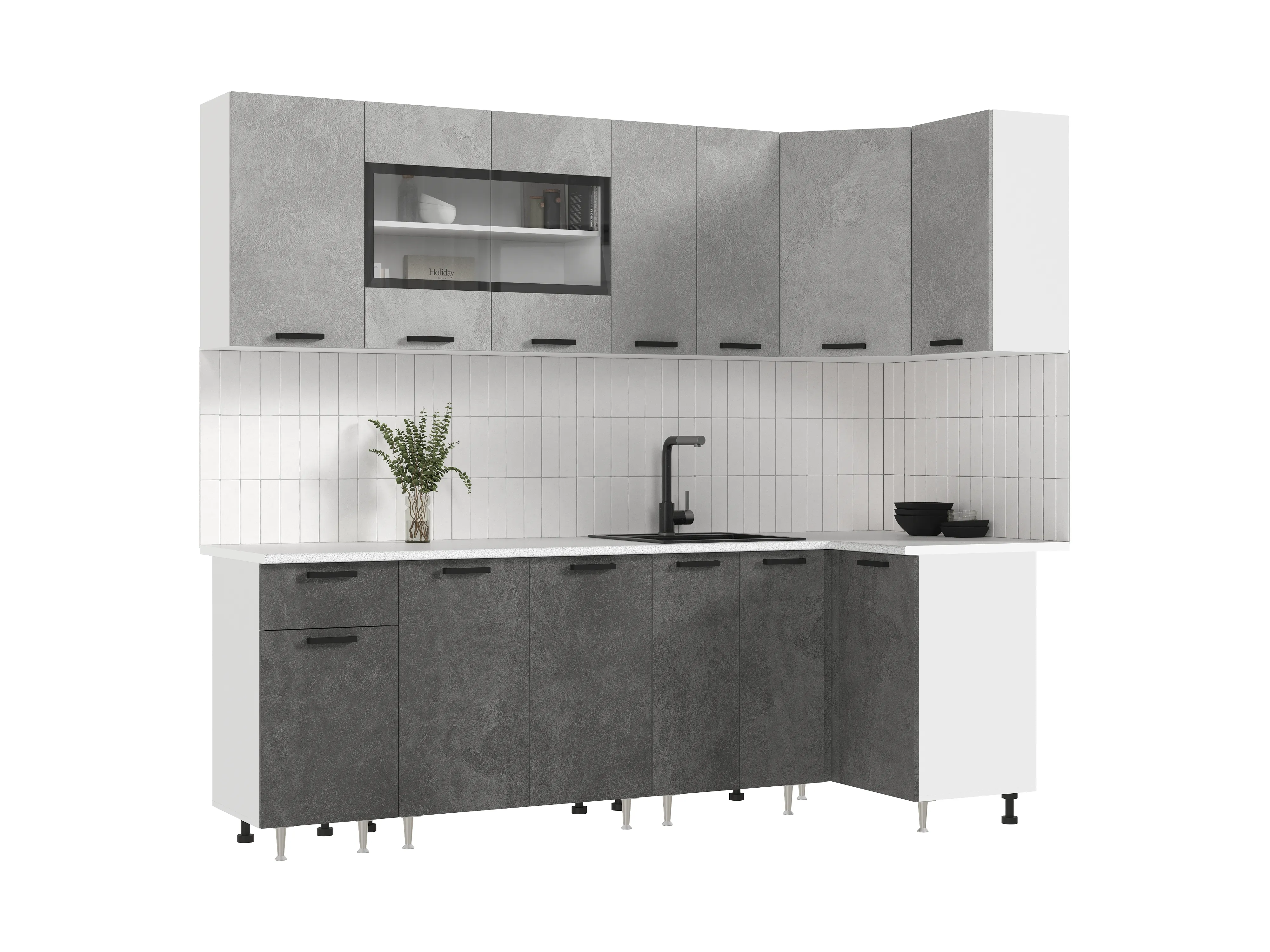 Кухня Рио New угловая 2,4*1,0 м Бетон светлый/бетон темный