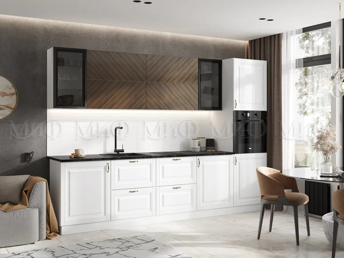 Кухня Престиж 3,0 компоновка №1 (Белый/Браш вайт/Прайм орех)