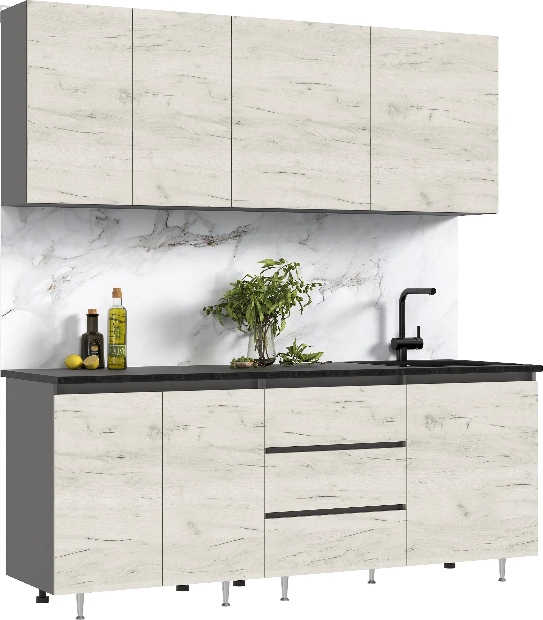  Кухня Челси 2,0м Компановка №2 (Дуб крафт Белый, Графит (Кастилло))