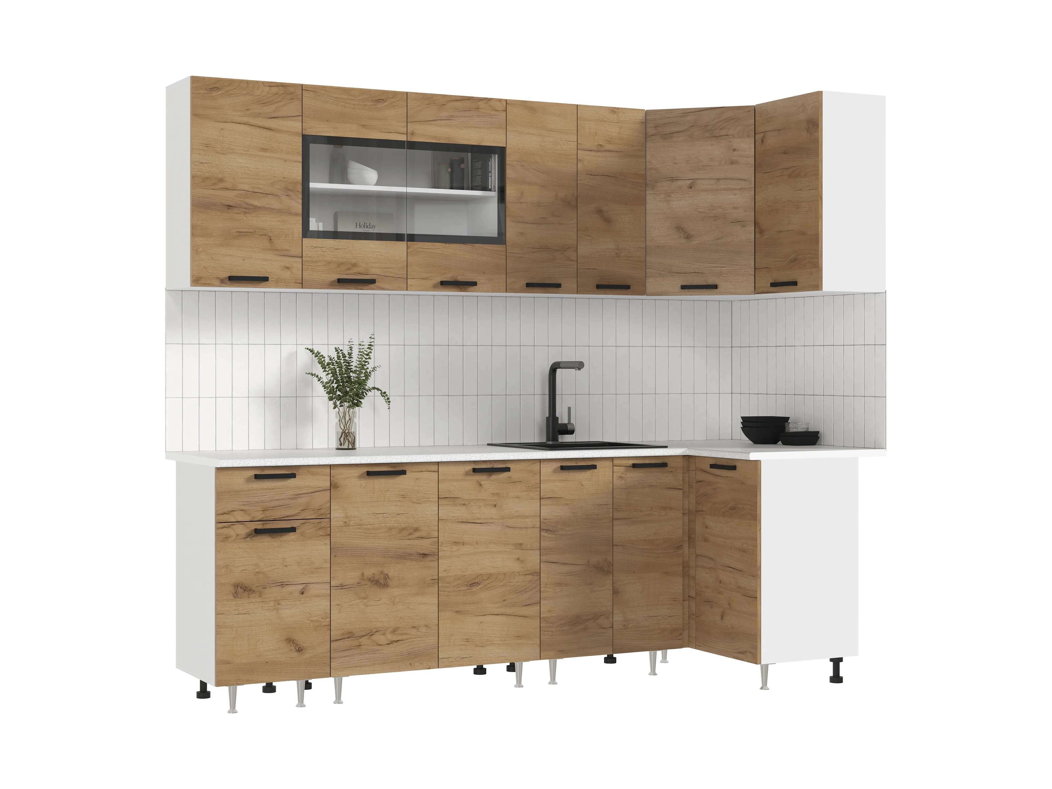 Кухня Рио New угловая 2,4*1,0 Дуб крафт/белый
