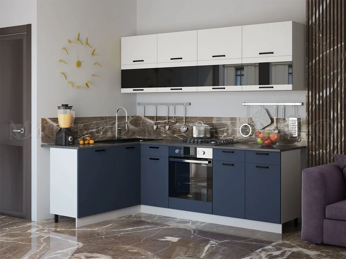 Кухня угловая Техно New 1,6*2,4 комп. №4 Белый снег софт/Ультрамарин софт