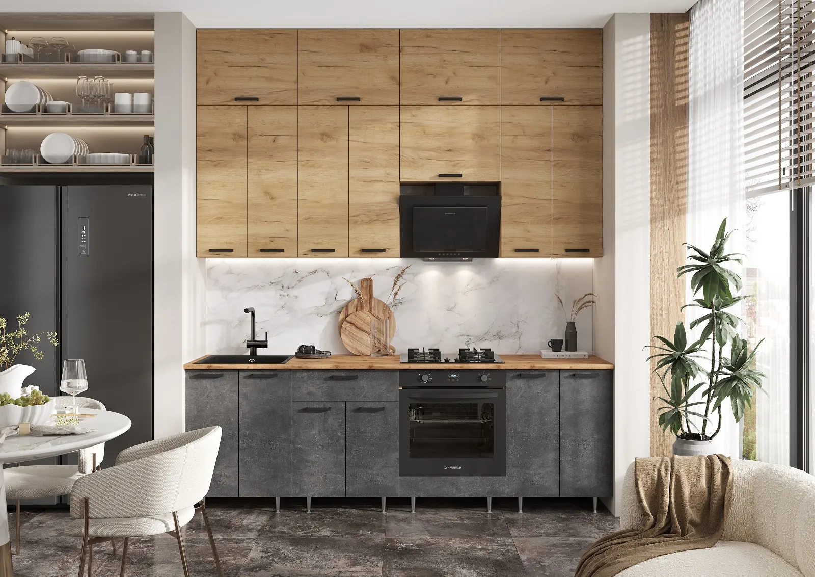 Кухня Рио New 2,4 (490) комп №3 ЛДСП Дуб крафт/Бетон темный, Дуб крафт (Дуб вотан)