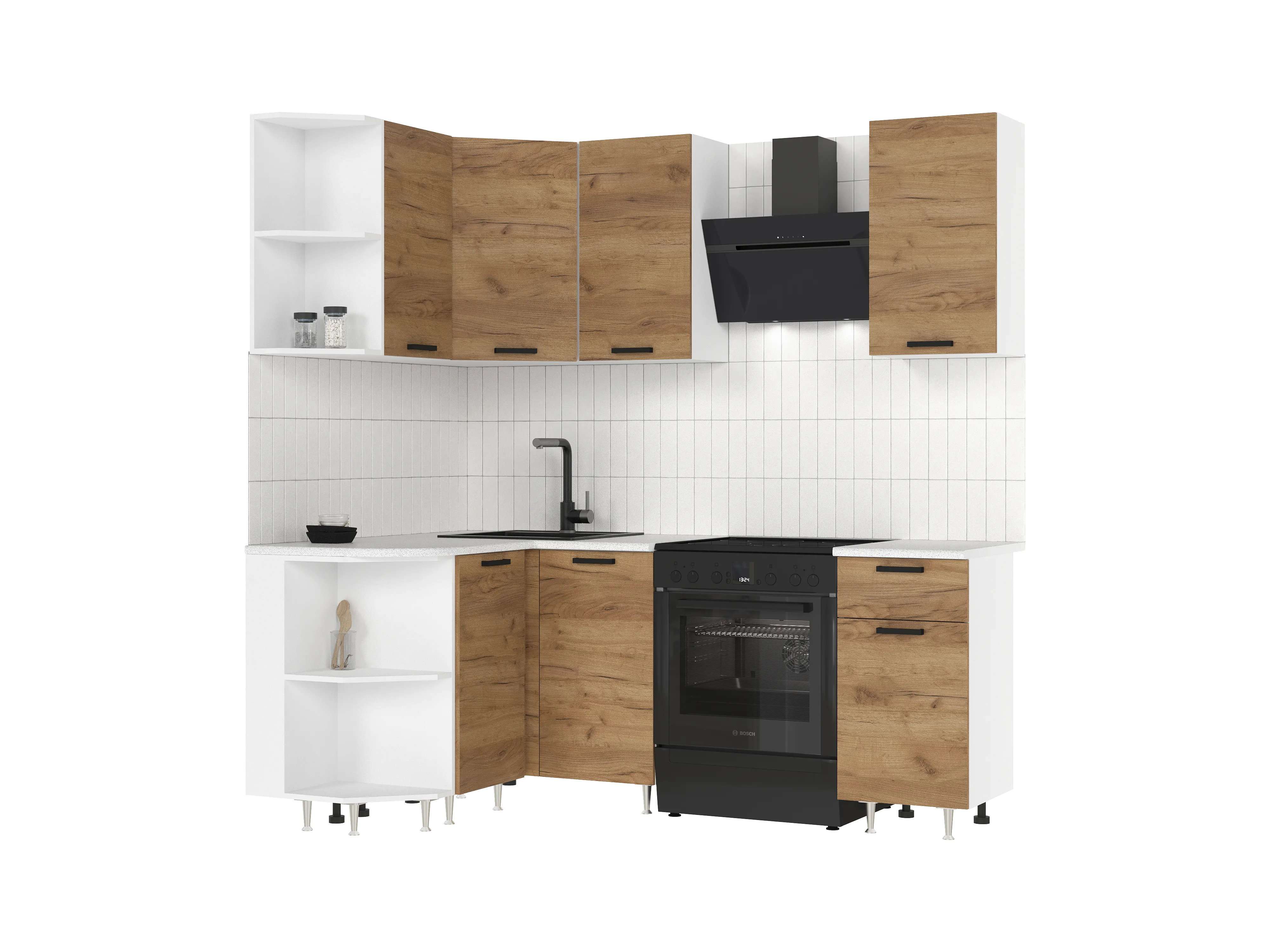 Кухня Рио New угловая 2,6*1,0 м (490) Дуб крафт, Белый (Антарес)