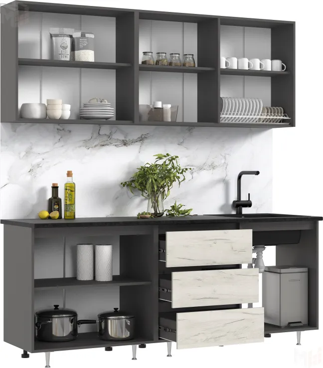  Кухня Челси 2,0м Компановка №2 (Дуб крафт Белый, Графит (Кастилло))
