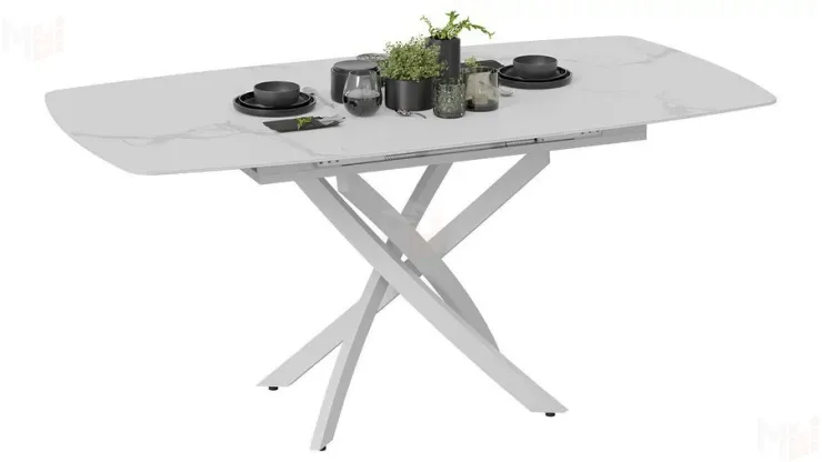 Стол обеденный раздвижной Манхеттен Т1 Белый муар, Стекло матовое белый мрамор