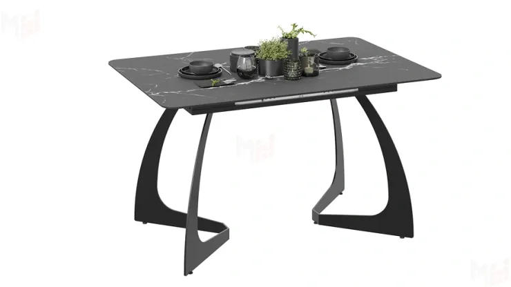 Стол обеденный раздвижной Конкорд Тип 2  Черный муар, Стекло матовое черный мрамор