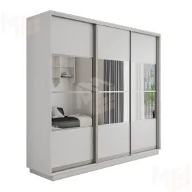 Шкаф-купе Оптим 3-х дверный 4 секции (ЛДСП, Зеркало)  210 см. 2 штанги, 9 полок, 4 ящика