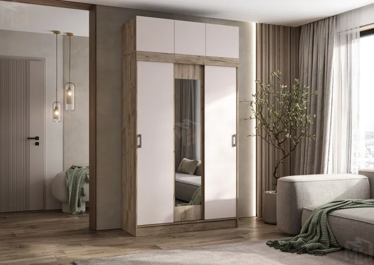 Шкаф-купе с антресолью Роджина/Бася (крафт серый/кашемир)