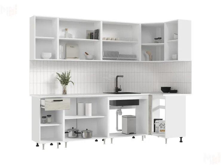 Кухня Рио New угловая 2,6*1,0 м (490) Дуб крафт белый, Белый (Антарес)