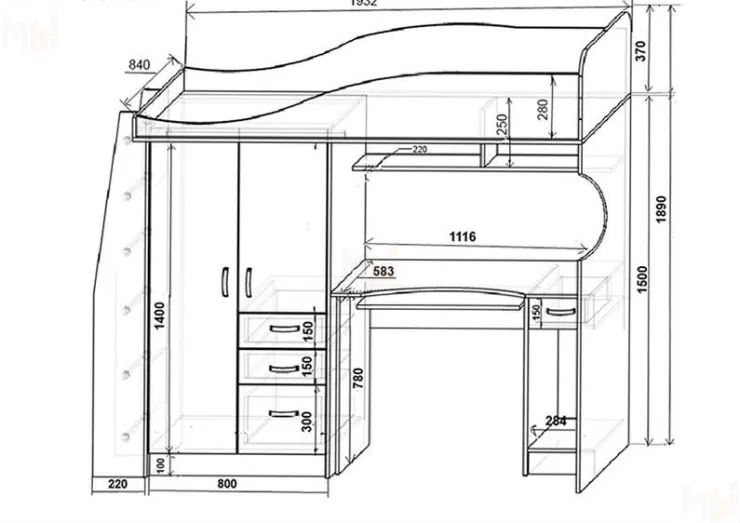 Кровать-чердак ФУТ-4/1 с кроватью ФУТ-13/7 серия Футбол