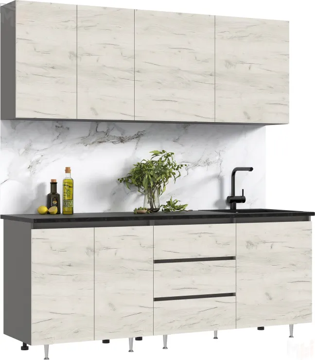  Кухня Челси 2,0м Компановка №2 (Дуб крафт Белый, Графит (Кастилло))