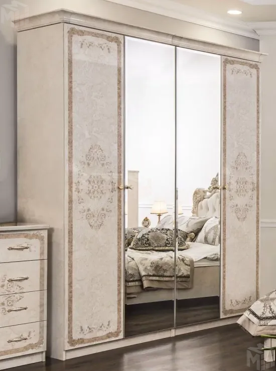 Шкаф Патрисия 4-дверный (2+2) с зеркалом крем корень глянец