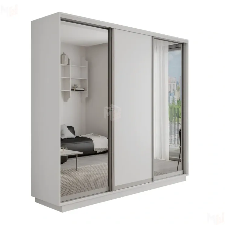 Шкаф-купе Оптим 3-х дверный  1 секция (ЛДСП, 2 Зеркала)  210 см. 1 штанга, 11 полок