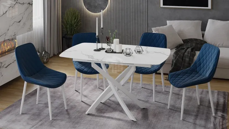 Стол обеденный раздвижной Манхеттен Т1 Белый муар, Стекло матовое белый мрамор