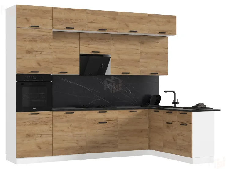 Кухня Рио New угловая 3,0*1,8 м (490) комп. №2 Дуб крафт, белый (Кастилло темный)