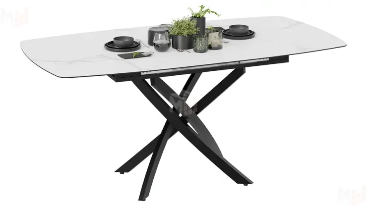 Стол обеденный раздвижной Манхеттен Т1 Черный муар, Стекло матовое белый мрамор