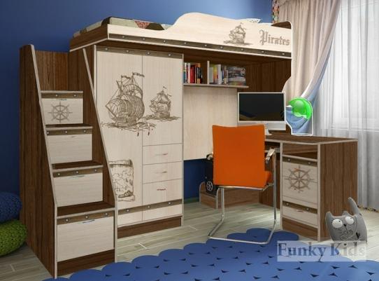 Детская мебель Пираты: кровать-чердак ПР-4/1 + лестница ПР-13/8 + стол КП-13/1
