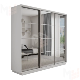 Шкаф-купе Оптим 3-х дверный 4 секции (Зеркало) 210 см. 1 штанга, 11 полок, 4 ящика