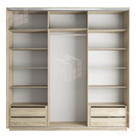 Шкаф-купе Оптим 3-х дверный 4 секции (ЛДСП, Зеркало) 180 см. 1 штанга, 11 полок, 4 ящика