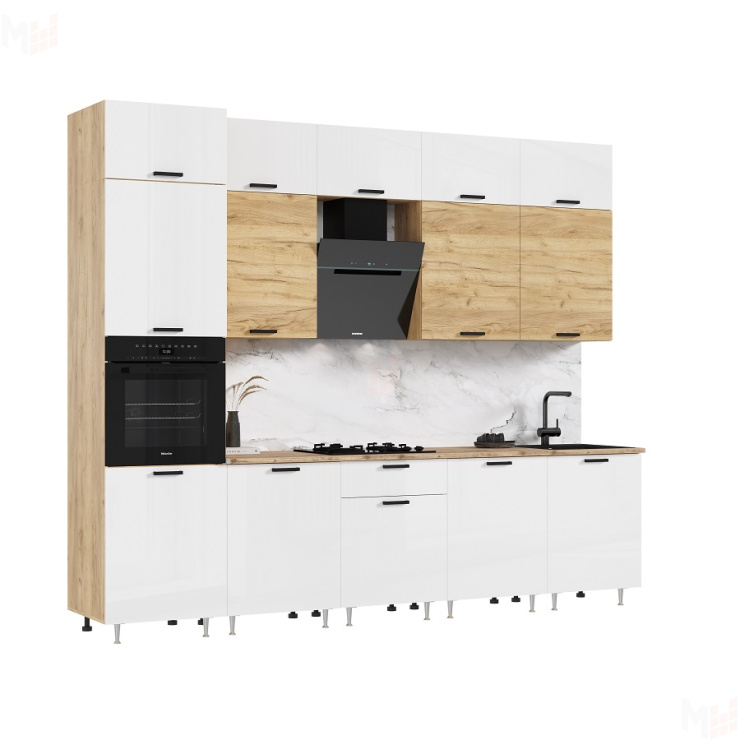 Кухня Рио NEW 3,0м (490) комп №2 (Белый глянец/Дуб крафт, дуб крафт (Дуб вотан)